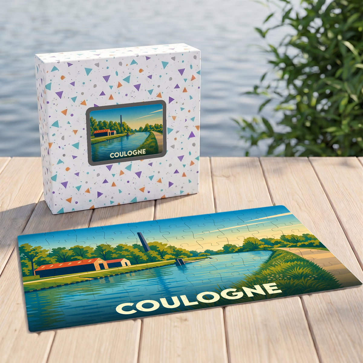 Puzzle souvenir de la ville de Coulogne avec une illustration stylisée de son canal.