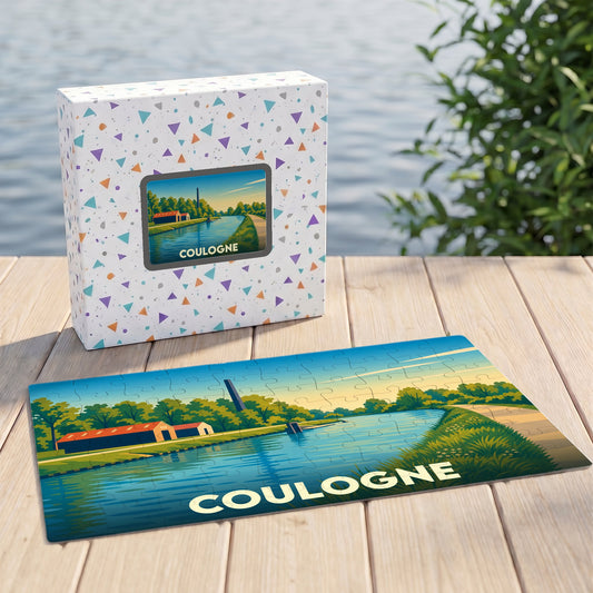 Puzzle souvenir de la ville de Coulogne illustrant un paysage de canal dans un style rétro.