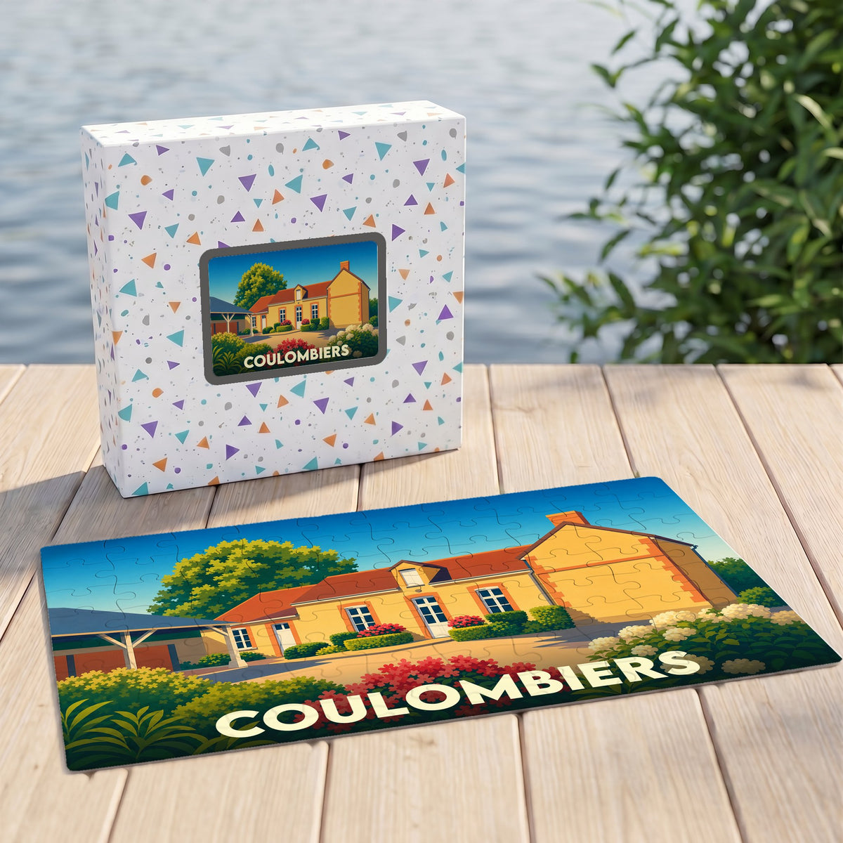 Puzzle souvenir de la ville de Coulombiers avec une illustration colorée et stylisée.