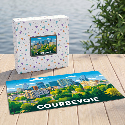 Puzzle souvenir de la ville de Courbevoie avec une illustration colorée de son quartier d'affaires et de ses parcs.