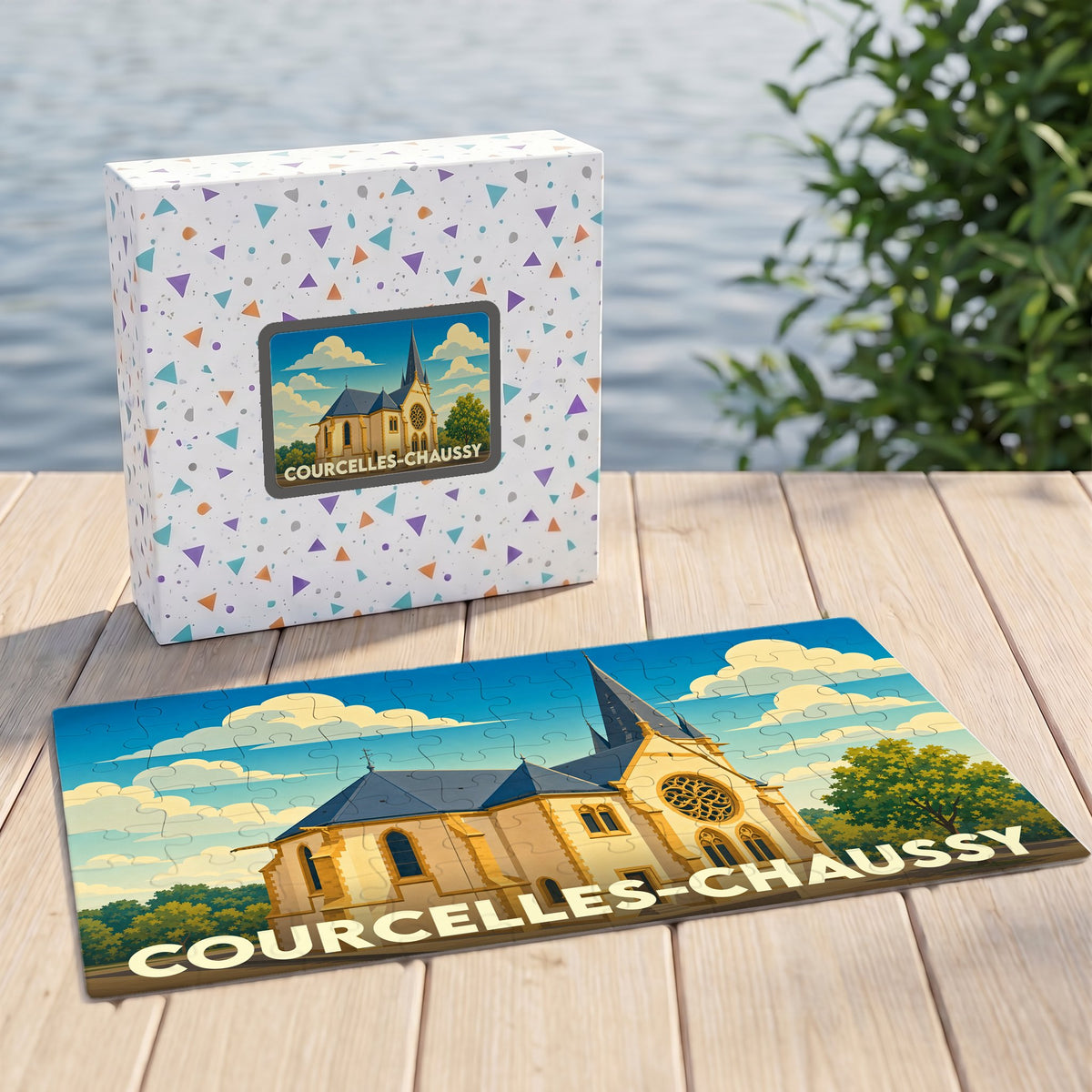 Puzzle souvenir de la ville de Courcelles-Chaussy avec une illustration stylisée d'un bâtiment historique.