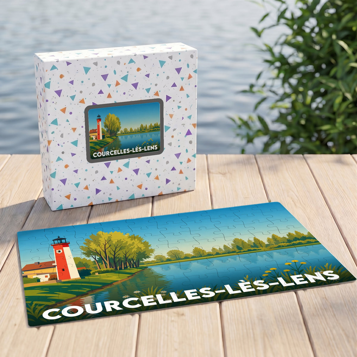 Puzzle souvenir de la ville de Courcelles-lès-Lens représentant une illustration stylisée d'un bord de l'eau avec son phare.