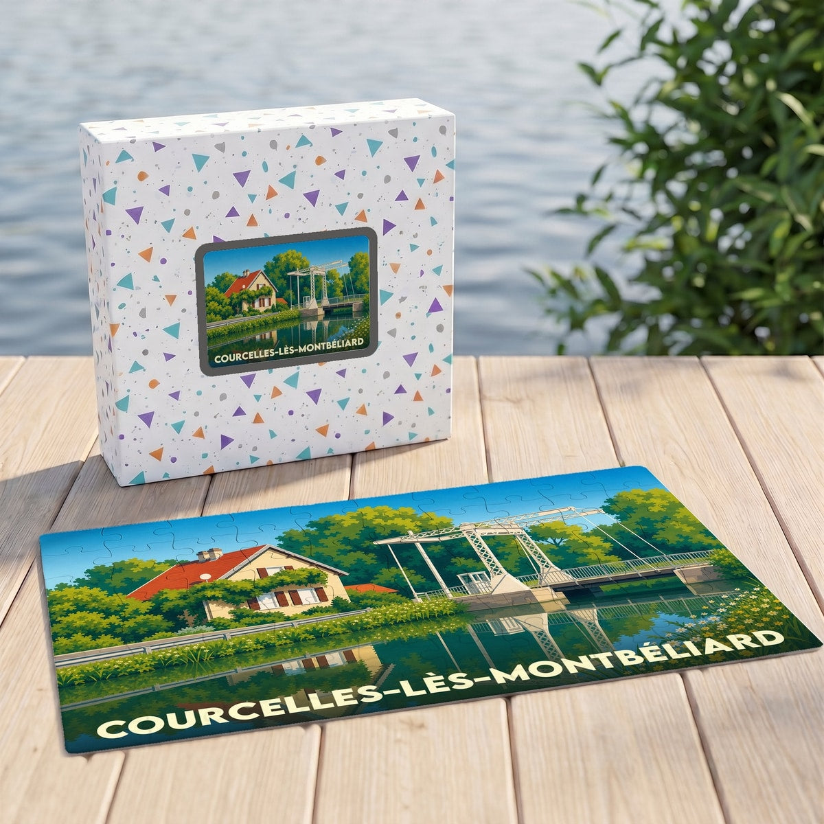 Puzzle souvenir de la ville de Courcelles-lès-Montbéliard illustrant un paysage de canal avec un pont levant.