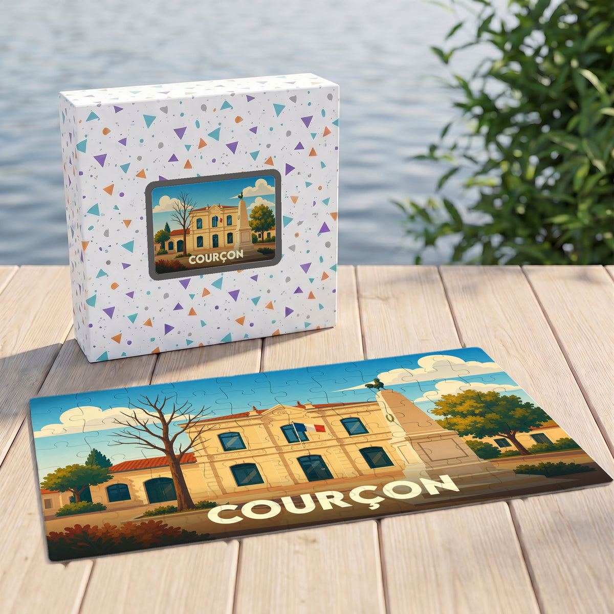 Puzzle souvenir de la ville de Courçon avec une illustration stylisée de sa mairie.