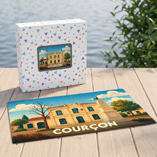 Puzzle souvenir de la ville de Courçon avec une illustration stylisée de sa mairie.