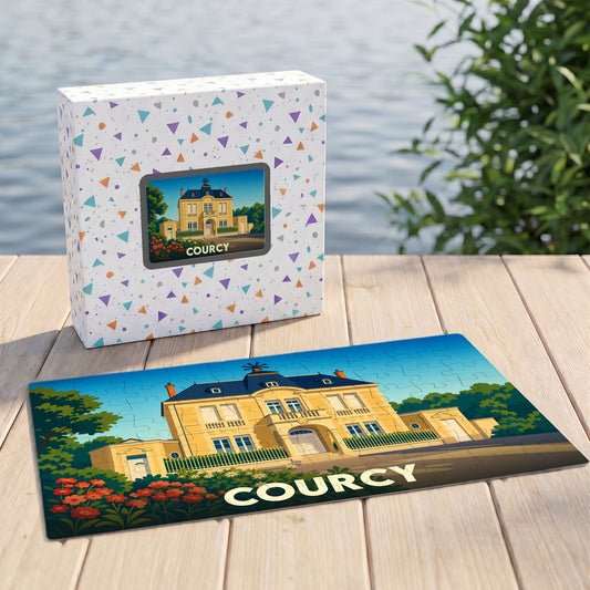 Puzzle souvenir de la ville de Courcy avec une illustration stylisée d'un manoir.