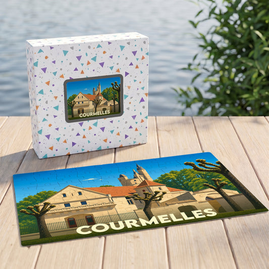 Puzzle souvenir de la ville de Courmelles avec une illustration stylisée d'un bâtiment historique.