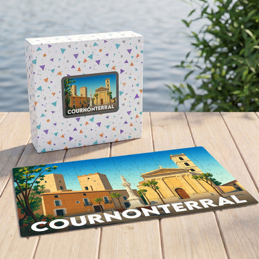 Puzzle souvenir de la ville de Cournonterral avec une illustration stylisée de son patrimoine architectural.