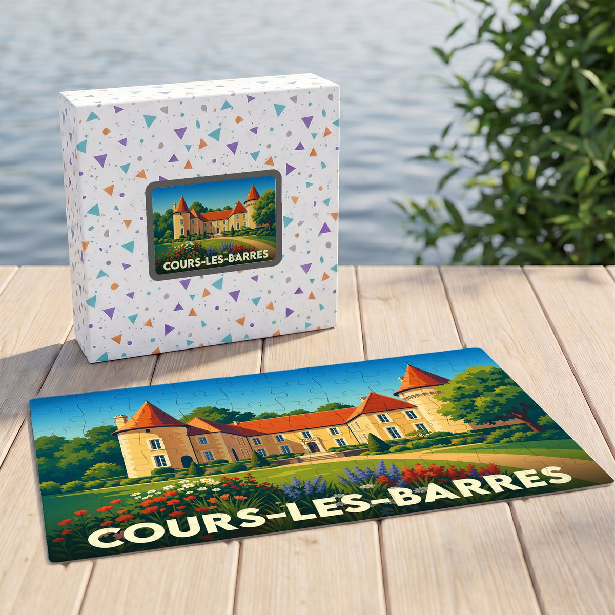 Puzzle souvenir de la ville de Cours-les-Barres avec une illustration stylisée de son château.