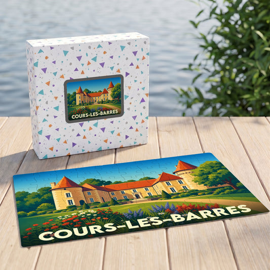 Puzzle souvenir de la ville de Cours-les-Barres avec une illustration stylisée de son château.