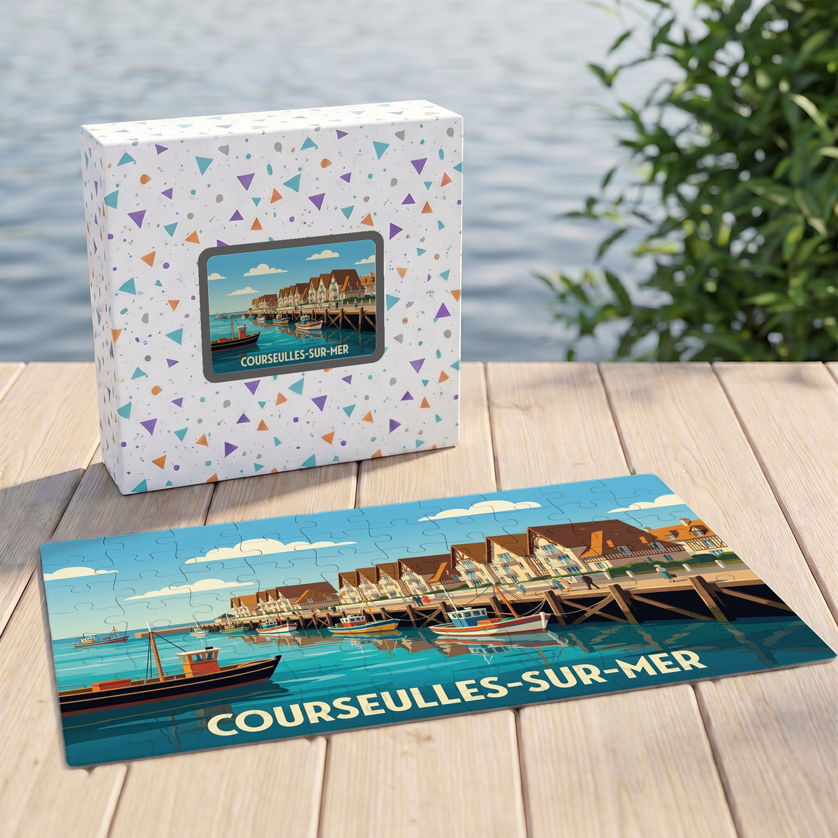 Puzzle souvenir de la ville de Courseulles-sur-Mer avec une illustration stylisée d'un port de pêche.