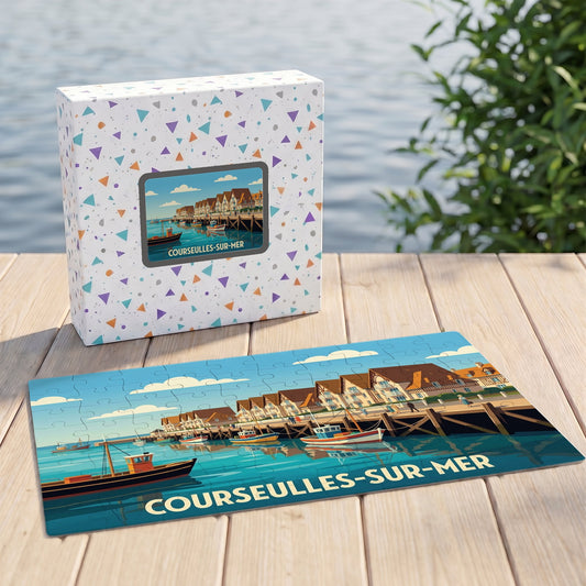 Puzzle souvenir de la ville de Courseulles-sur-Mer avec une illustration stylisée d'un port de pêche.