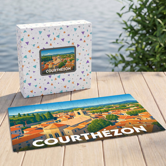 Puzzle souvenir de la ville de Courthézon avec une illustration stylisée et colorée.