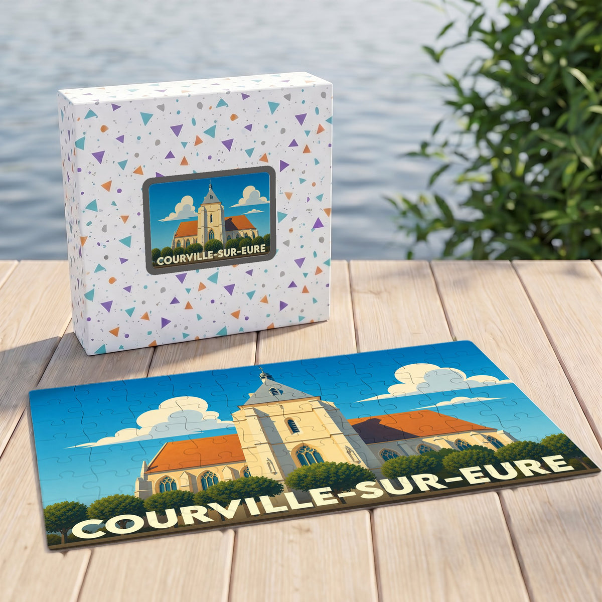 Puzzle souvenir de la ville de Courville-sur-Eure avec une illustration stylisée de son église.