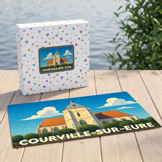 Puzzle souvenir de la ville de Courville-sur-Eure avec une illustration stylisée de son église.