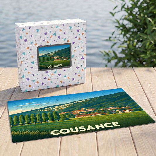 Puzzle souvenir de la ville de Cousance avec une illustration paysagère stylisée.