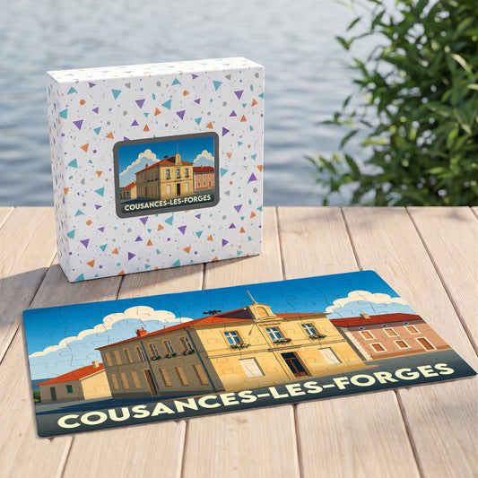 Puzzle souvenir de la ville de Cousances-les-Forges avec une illustration stylisée du paysage urbain.