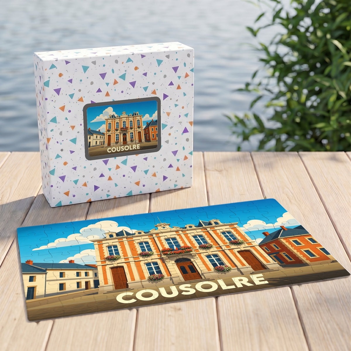 Puzzle souvenir de la ville de Cousolre avec une illustration stylisée et sa boîte assortie.