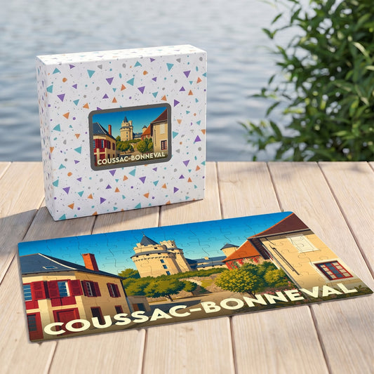 Puzzle souvenir de la ville de Coussac-Bonneval avec une illustration stylisée de son château et de ses maisons.
