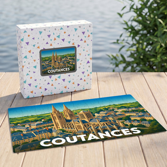 Puzzle souvenir de la ville de Coutances avec une illustration stylisée de sa cathédrale et de son paysage urbain.