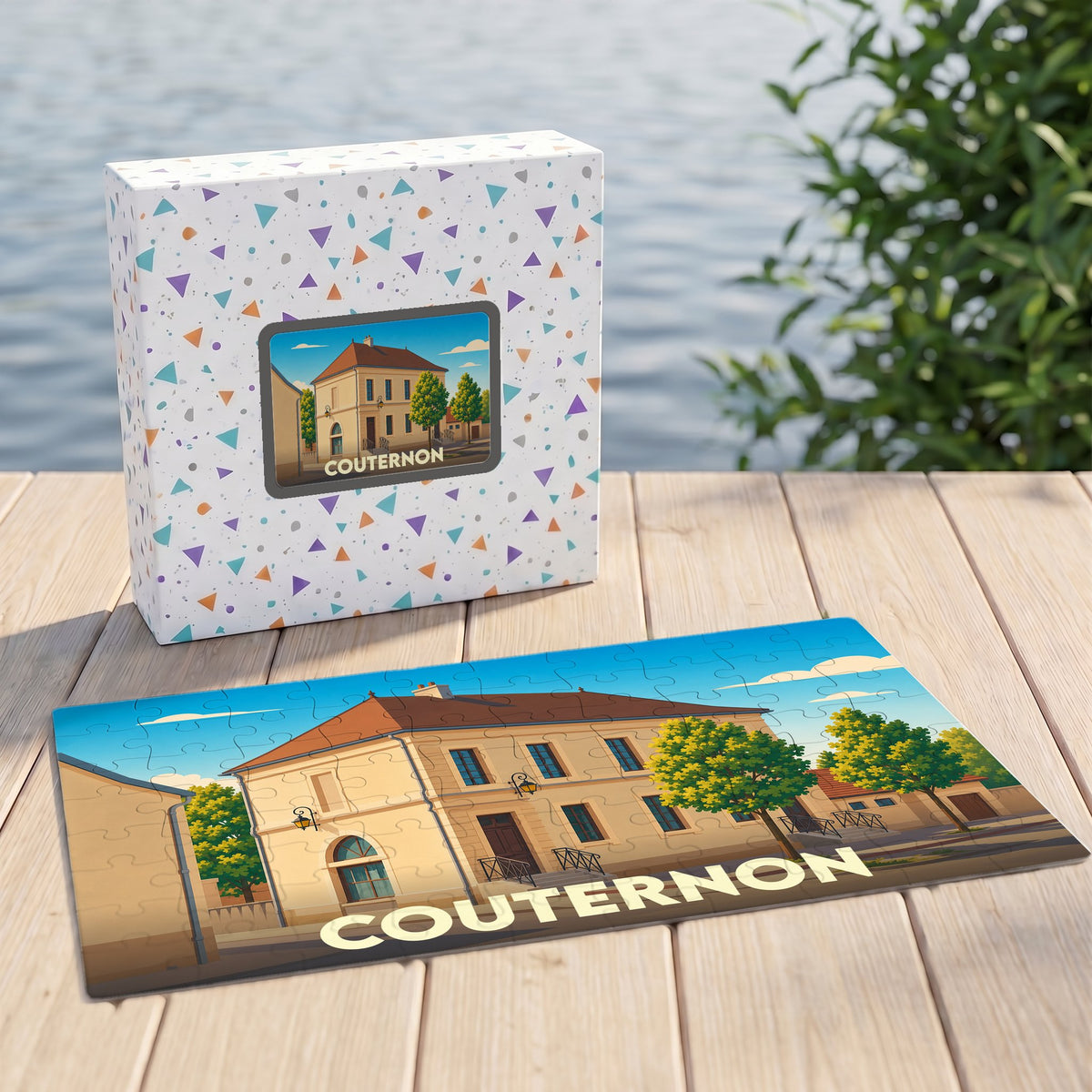 Puzzle souvenir de la ville de Couternon avec une illustration stylisée d'un bâtiment historique.