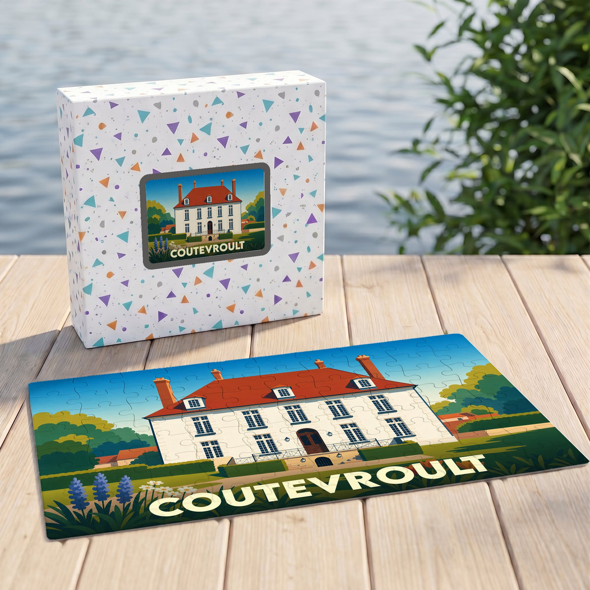 Puzzle souvenir de la ville de Coutevroult représentant une grande demeure illustrée dans un style graphique et coloré.