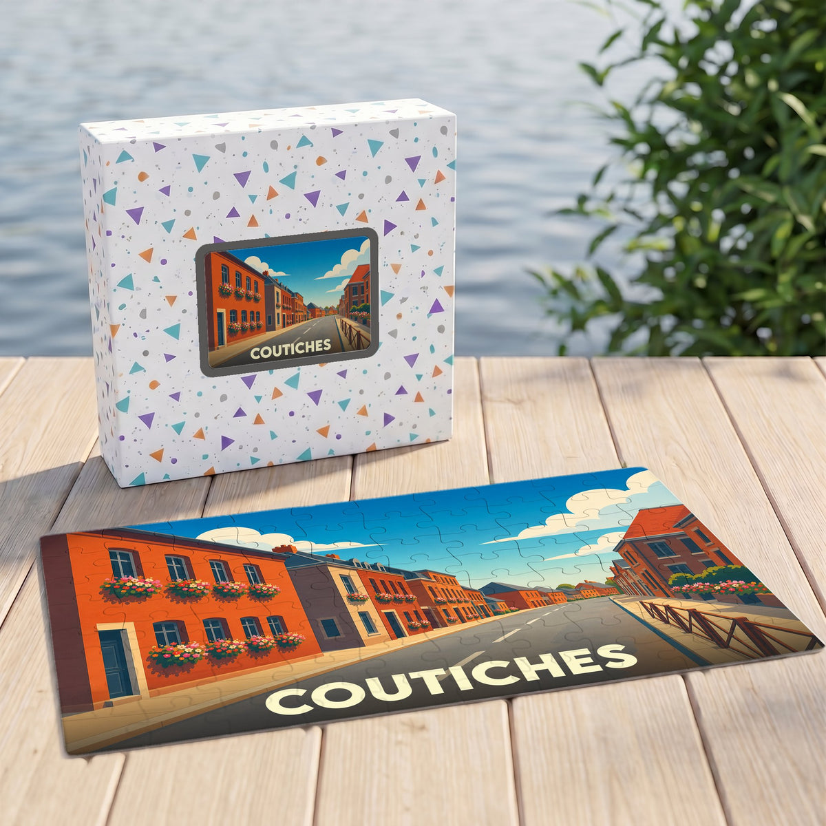 Puzzle souvenir de la ville de Coutiches avec une illustration stylisée et colorée.