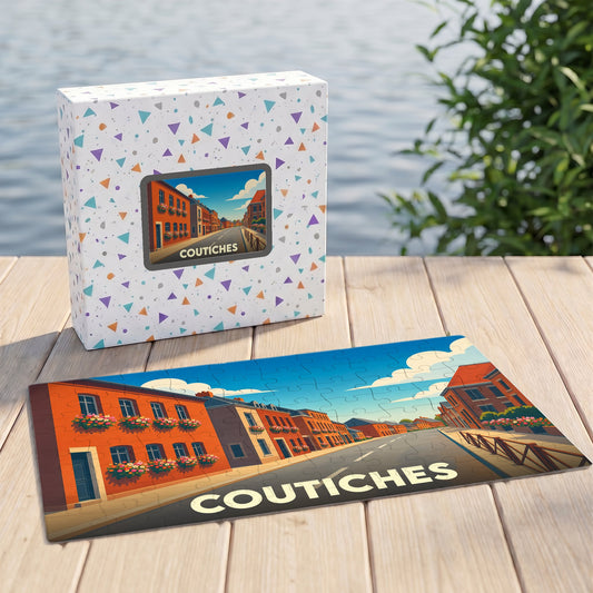 Puzzle souvenir de la ville de Coutiches avec une illustration stylisée et colorée.