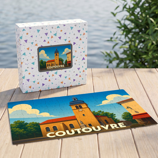 Puzzle souvenir de la ville de Coutouvre avec une illustration stylisée de son église.