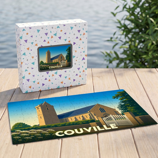 Puzzle souvenir de la ville de Couville avec une illustration stylisée de son église.