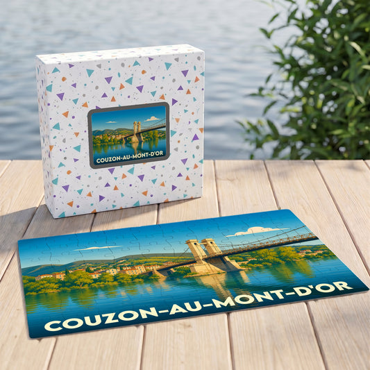 Puzzle souvenir de la ville de Couzon-au-Mont-d'Or représentant son pont suspendu avec une illustration stylisée.
