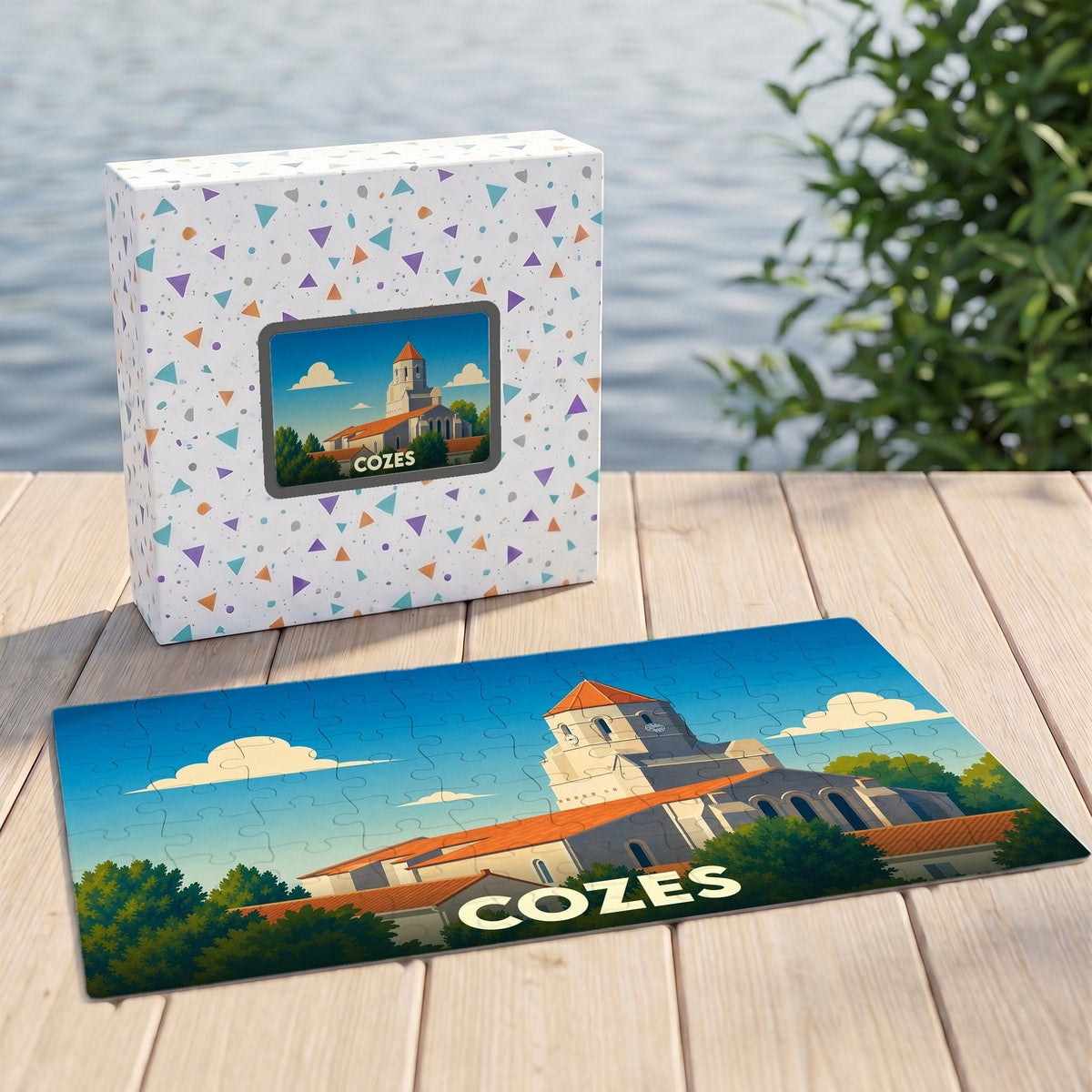 Puzzle souvenir de la ville de Cozes avec une illustration stylisée de son église, présenté devant sa boîte.