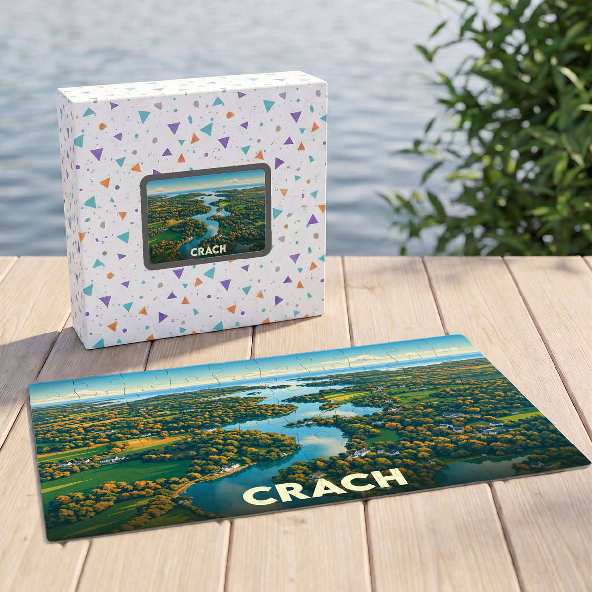 Puzzle souvenir de la ville de Crach avec une illustration aérienne stylisée du paysage local.