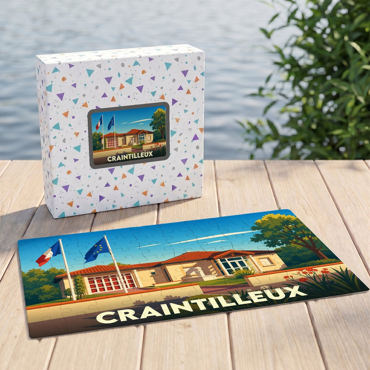 Puzzle souvenir de la ville de Craintilleux présentant une illustration stylisée de sa mairie et de ses drapeaux.