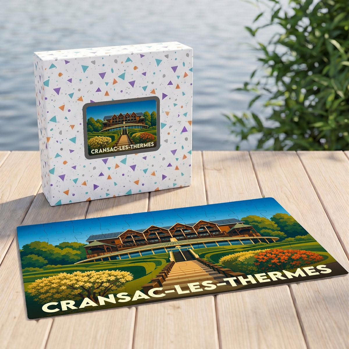 Puzzle souvenir de la ville de Cransac-les-Thermes avec une illustration stylisée de son établissement thermal.