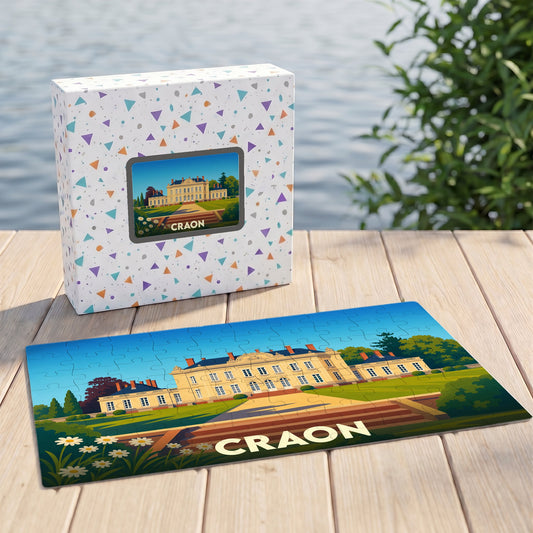 Puzzle souvenir de la ville de Craon avec une illustration stylisée du château local.