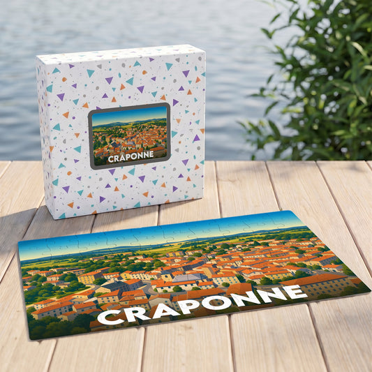 Puzzle souvenir de la ville de Craponne avec une illustration colorée représentant un panorama urbain.