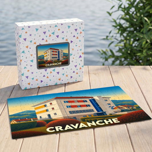 Puzzle souvenir de la ville de Cravanche avec une illustration stylisée de son architecture.