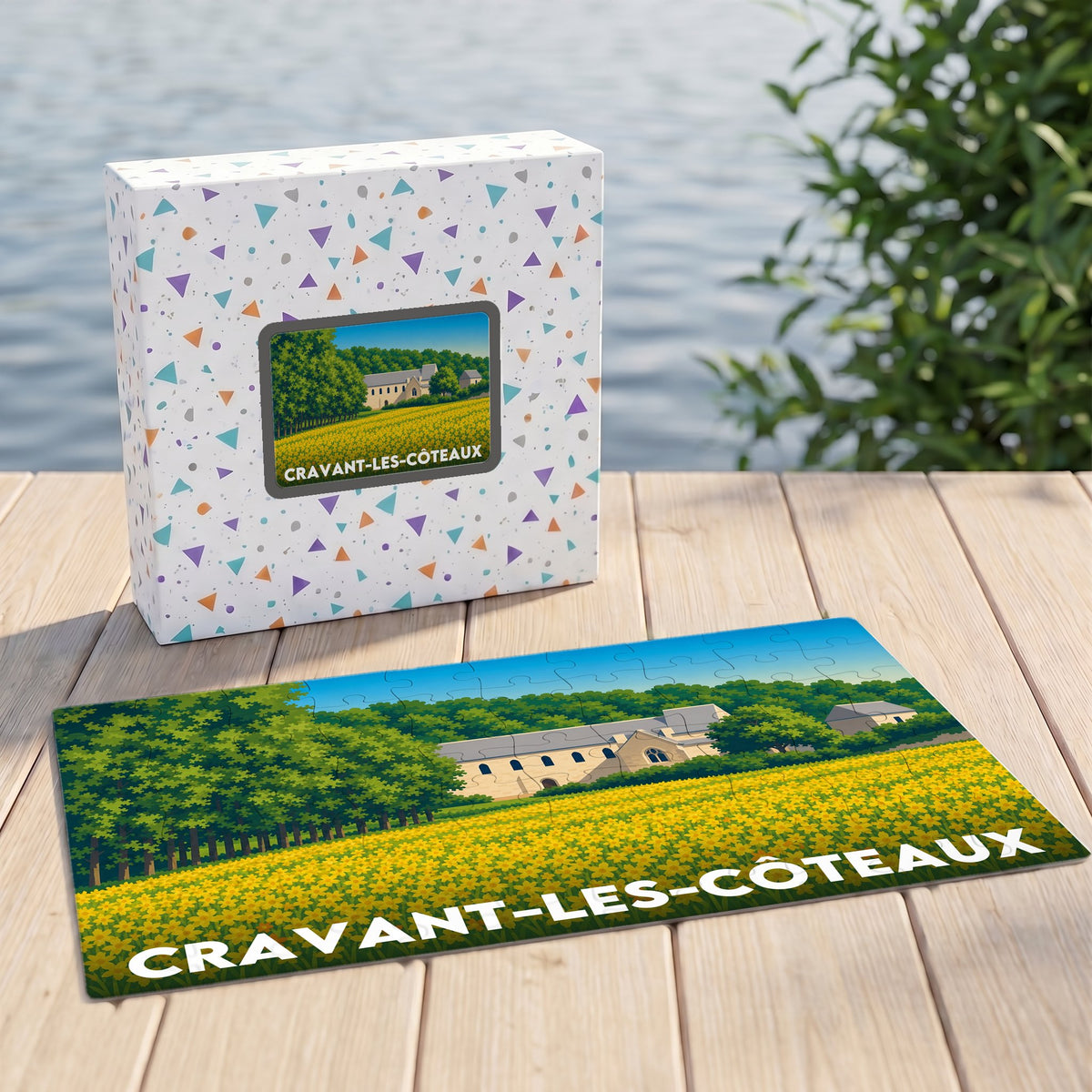 Puzzle souvenir de la ville de Cravant-les-Côteaux représentant un paysage champêtre avec une église et un champ de fleurs jaunes.