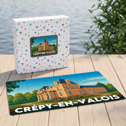Puzzle souvenir de la ville de Crépy-en-Valois avec une illustration stylisée de son hôtel de ville.