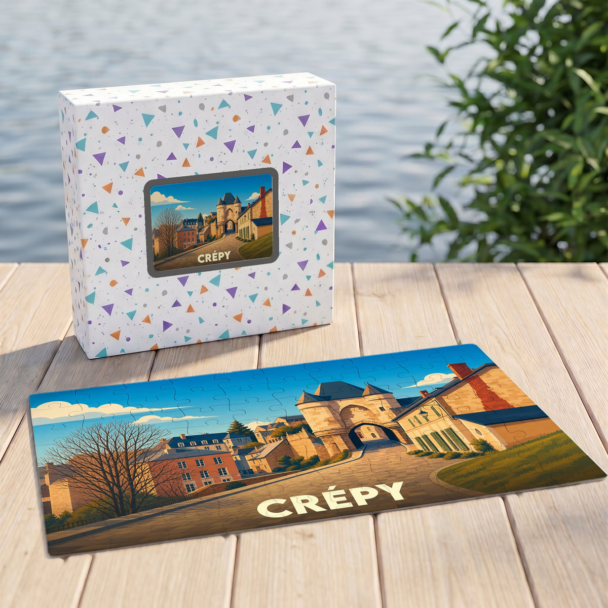 Puzzle souvenir de la ville de Crépy avec une illustration stylisée de son architecture historique.