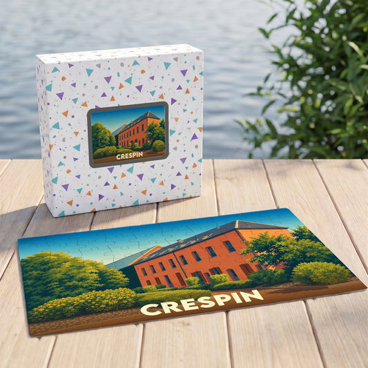 Puzzle souvenir de la ville de Crespin avec une illustration stylisée d'un bâtiment en briques.
