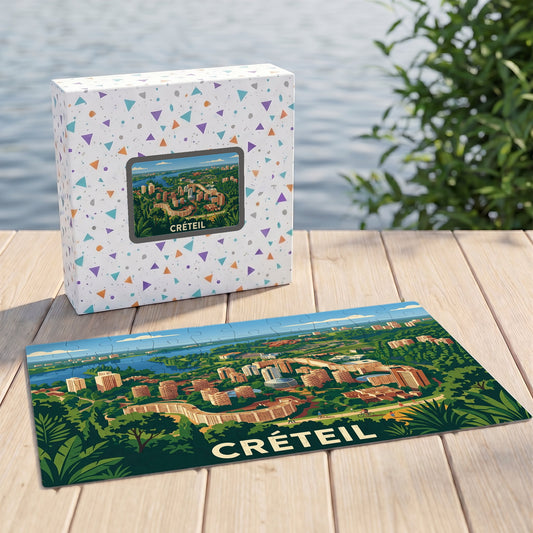 Puzzle souvenir de la ville de Créteil avec une illustration panoramique stylisée.
