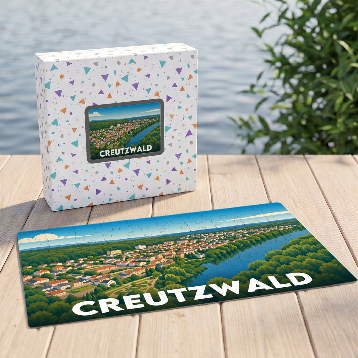 Puzzle souvenir de la ville de Creutzwald avec une illustration paysagère stylisée.