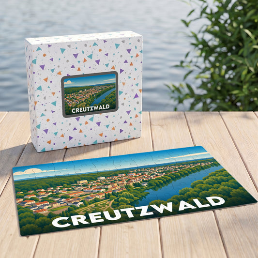 Puzzle souvenir de la ville de Creutzwald avec une illustration paysagère stylisée.