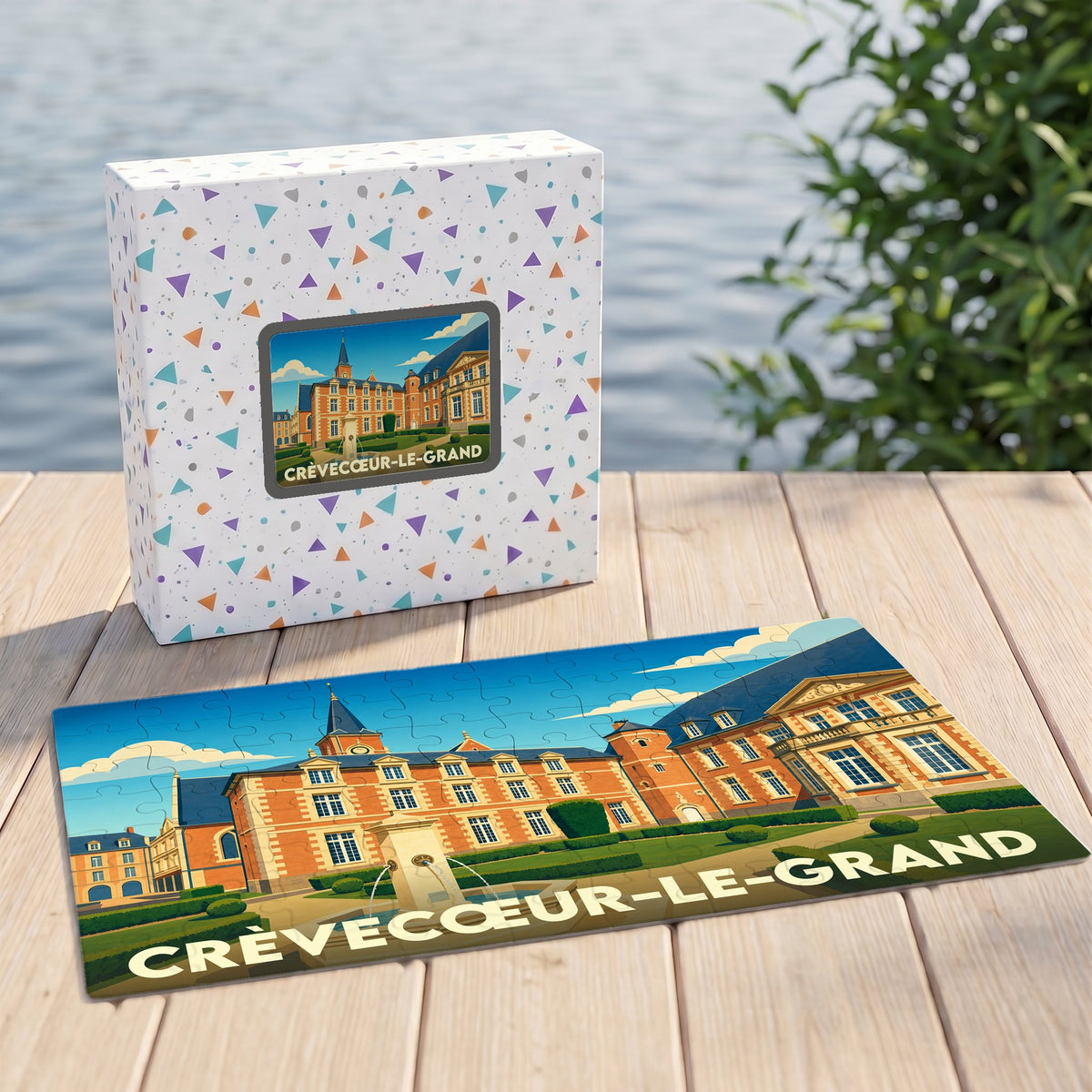 Puzzle souvenir de la ville de Crèvecœur-le-Grand avec une illustration stylisée de son château.