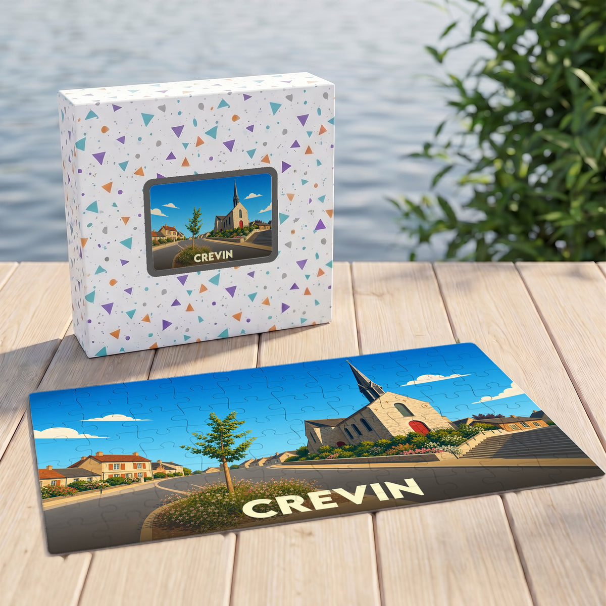 Puzzle souvenir de la ville de Crevin avec une illustration stylisée de son église et de ses rues.