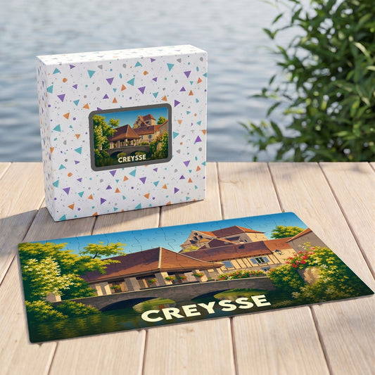 Puzzle souvenir de la ville de Creysse avec une illustration stylisée.