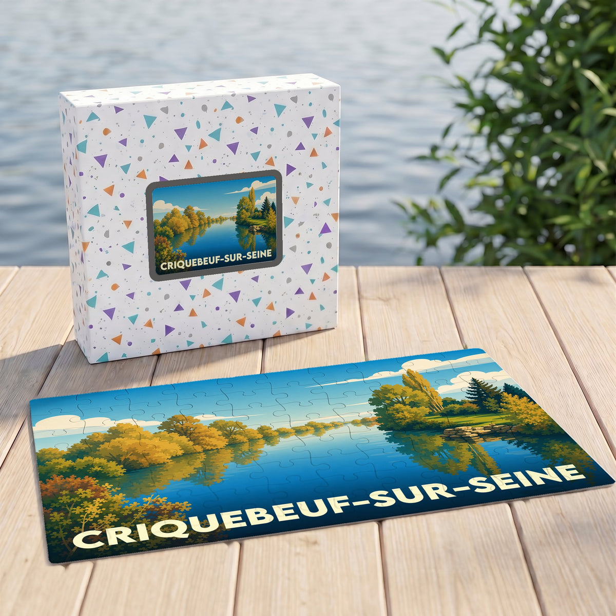 Puzzle souvenir de la ville de Criquebeuf-sur-Seine avec une illustration stylisée d'un paysage fluvial.