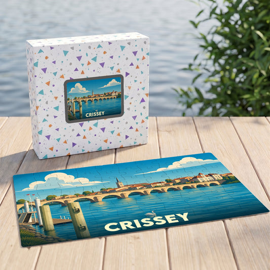 Puzzle souvenir de la ville de Crissey avec une illustration stylisée d'un pont sur l'eau.